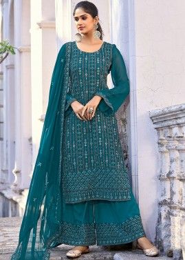 Teal Blue Stone Embellished Georgette Palazzo Suit