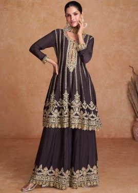 Purple Embroidered Sharara Suit In Chiffon