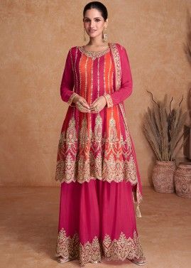 Pink Embroidered Flared Sharara Suit Set