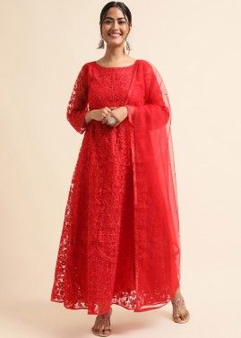 Red Embroidered Anarkali Suit Set In Net