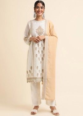 Off-White Stone Work Pant Suit Set In Georgette