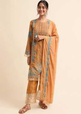 Yellow Stone Work Pant Suit Set In Georgette