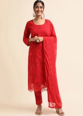 Red Embroidered Pant Suit Set In Georgette
