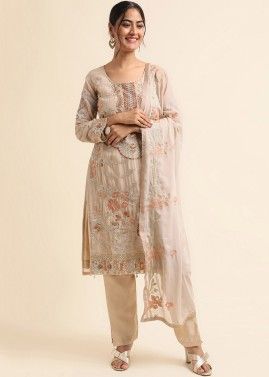 Beige Embroidered Pant Suit Set In Georgette