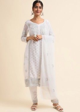 White Embroidered Straight Cut Suit Set