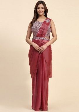 Dusty Red Readymade Satin Saree & Blouse