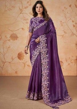 Purple Embroidered Saree In Banarasi Silk