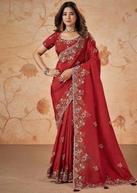 Red Silk Saree In Thread Embroidery