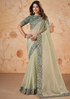 Light Green Embroidered Saree In Georgette