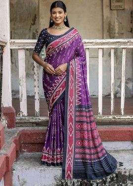 Purple Printed Saree In Cotton