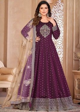 Purple Sequins Embellished Anarkali In Georgette