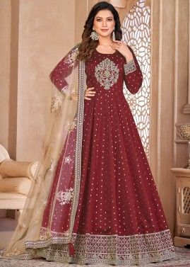 Maroon Embroidered Anarkali Suit In Georgette