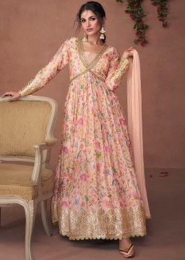 Peach Anarkali Suit Set In Floral Print