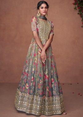 Grey Floral Printed Anarkali Suit Set In Organza