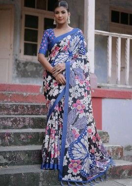 Black Floral Printed Saree In Cotton