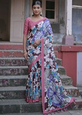 Brown Floral Printed Saree In Cotton