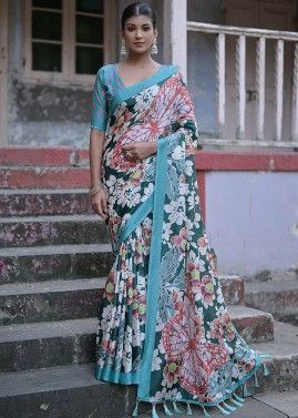 Green Floral Printed Saree In Cotton