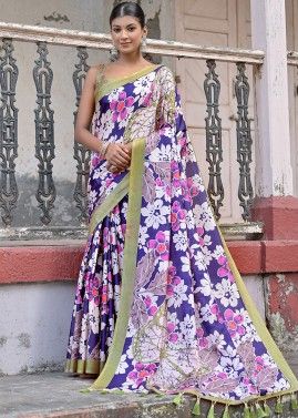 Blue Floral Printed Saree In Cotton