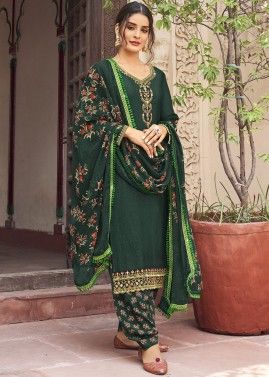 Green Embroidered Crape Punjabi Suit