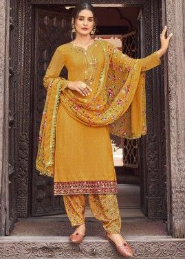 Yellow Readymade Hand Work Pant Style Suit 3898SL18