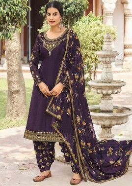 Purple Punjabi Suit In Thread Embroidery