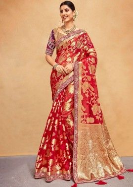 Red Organza Saree In Woven Work