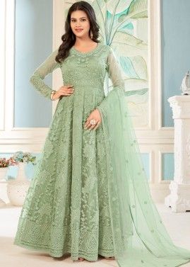 Green Embroidered Net Anarkali Style Suit