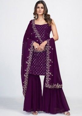 Purple Readymade Embroidered Georgette Gharara Suit Set