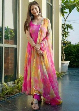 Pink Tie-dye Printed Anarkali Suit Set