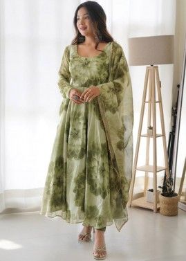 Green Tie-dye Printed Anarkali Suit Set