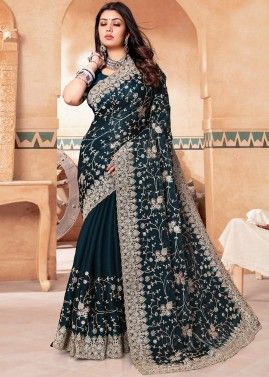 Teal Blue Thread Embroidered Saree In Crape