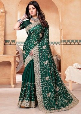 Green Thread Embroidered Saree & Blouse