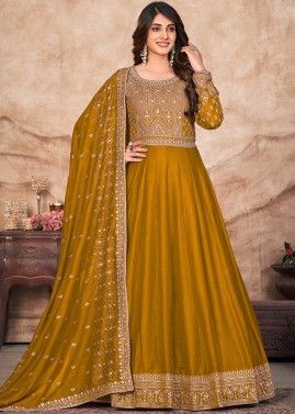 Yellow Embroidered Anarkali Suit In Art Silk
