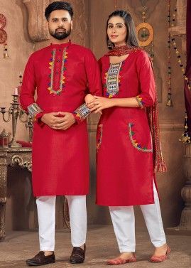 Readymade Red Embroidered Navratri Couple Wear