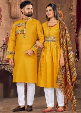 Yellow Readymade Embroidered Navratri Couple Wear