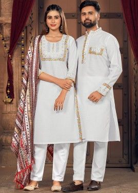 Readymade White Embroidered Navratri Couple Set