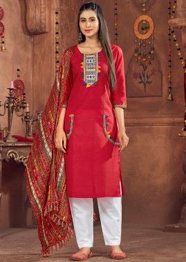 Red Readymade Cotton Navratri Pant Suit Set