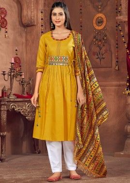 Yellow Readymade Cotton Anarkali Suit For Navratri