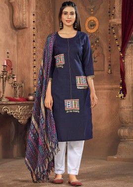 Blue Readymade Navratri Pant Suit In Cotton 
