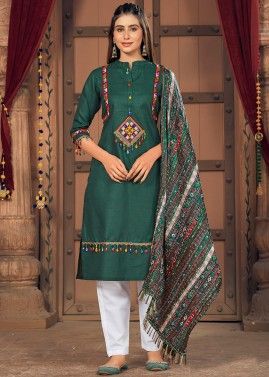 Green Readymade Cotton Pant Suit For Navratri 