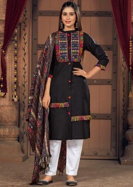 Black Readymade Navratri Pant Suit In Cotton 