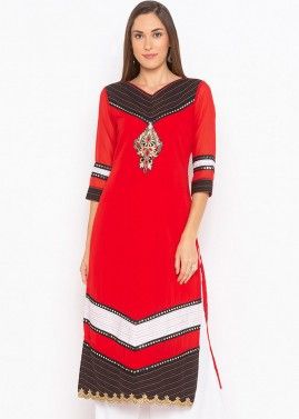 Red Embroidered Readymade Georgette Long Kurta