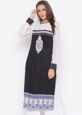 Black and White Readymade Embroidered Long Kurta