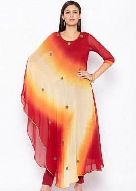 Red and Yellow Shaded Asymmetric Embroidered Long Kurta