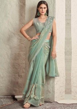 Green Readymade Embroidered Saree In Satin