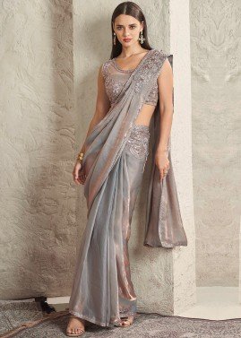 Stone Embellished Grey Saree With Heavy Pallu