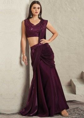 Wine Readymade Embroidered Saree In Satin