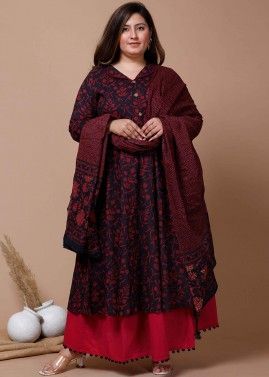 Black Block Printed Anarkali Style Suit In Cotton