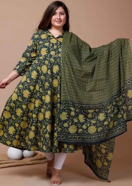 Green Block Printed Anarkali Style Suit In Cotton