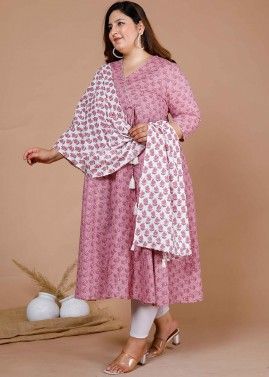 Pink Block Printed Angrakha Style Suit Set